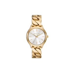 montre michael kors runway à trois aiguilles avec cadran blanc et bracelet en acier doré pour femme mk7472