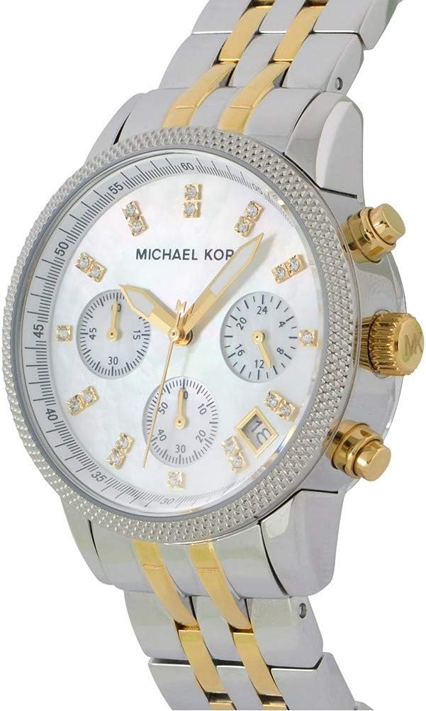 michael kors ritz chronographe cadran blanc montre bracelet acier deux tons pour femme mk5057 michael kors ritz chronographe cadran blanc montre bracelet acier deux tons pour femme mk5057