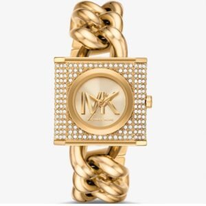 montre michael kors chain lock pave avec cadran doré et bracelet en acier doré pour femme mk4711
