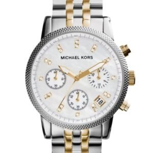 michael kors ritz chronographe cadran blanc montre bracelet acier deux tons pour femme mk5057