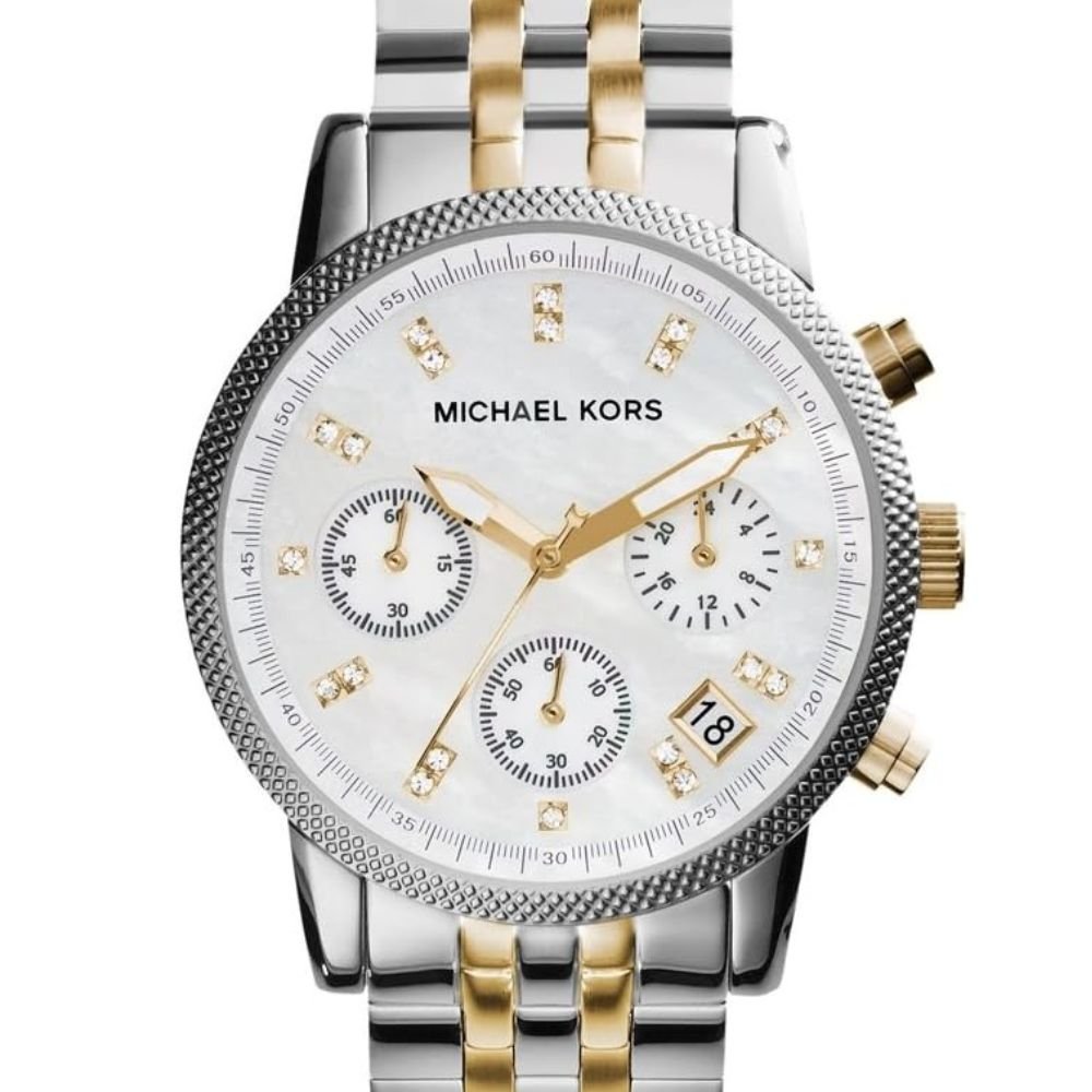 michael kors ritz chronographe cadran blanc montre bracelet acier deux tons pour femme mk5057 michael kors ritz chronographe cadran blanc montre bracelet acier deux tons pour femme mk5057