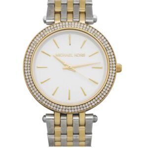 michael kors darci montre à cadran argenté et bracelet en acier bicolore pour femme mk3215
