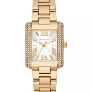 montre michael kors emery à trois aiguilles avec cristaux, cadran argenté et bracelet en acier doré pour femme mk4640