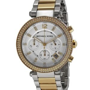 michael kors parker montre à cadran blanc et bracelet en acier bicolore pour femme mk5626