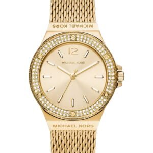 montre michael kors lennox à trois aiguilles avec cadran doré et bracelet en maille dorée pour femme mk7335